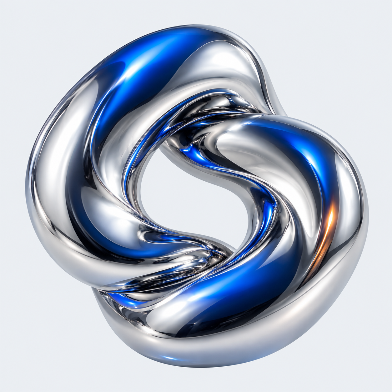An abstract silver loop with electric blue reflections